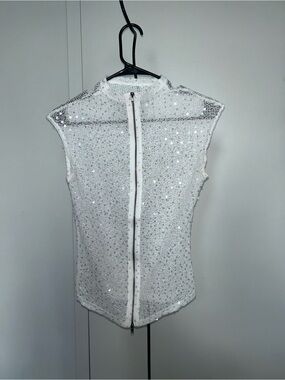 PROD White Sheer Sequin Zip-Up Tank Top Vest
